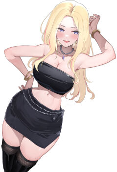 1girl arm_up black_boots black_skirt black_thighhighs blonde_hair blue_eyes boots bracelet breasts cleavage earrings gakuen_idolmaster highres idolmaster jewelry juo_sena large_breasts long_hair looking_at_viewer miniskirt navel necklace shougun_(chuckni1) simple_background skirt smile solo strapless thigh_boots thighhighs thighhighs_under_boots tube_top white_background