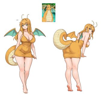 1girl :o absurdres antennae ass back bare_arms bare_legs bare_shoulders barefoot breasts cleavage clothing_cutout collarbone commentary covered_navel dragon_tail dragon_wings dragonite dress dress_tug english_commentary feet full_body gen_1_pokemon green_eyes hair_between_eyes hair_intakes height highres kneepits large_breasts leaning_forward legs long_hair looking_at_viewer multiple_views nihu nintendo orange_dress parted_lips photo_inset pokemon reference_sheet simple_background skindentation smile soles tail tail_through_clothes thick_tail thighs tiptoes toenails toes white_background wings
