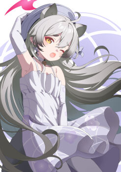 Rule 34 | 1girl, animal ears, bare shoulders, bell, blue archive, blush, choker, commentary, dress, dress tug, elbow gloves, eyeshadow, floating hair, gloves, grey hair, halo, hand on own hat, hat, highres, long hair, makeup, michiru (blue archive), michiru (dress) (blue archive), neck bell, official alternate costume, one eye closed, open mouth, pantyhose, pink eyeshadow, pink halo, purple hat, raccoon ears, raccoon girl, raccoon tail, short eyebrows, shrimp1634, shuriken earrings, solo, tail, white choker, white dress, white gloves, white pantyhose, yellow eyes