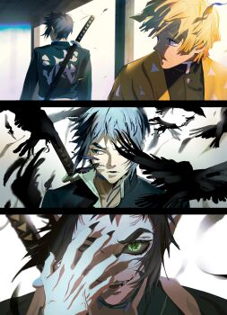 Rule 34 | 3boys, 77 shichi88, agatsuma zenitsu, bird, black bird, black hair, black jacket, black nails, black sclera, blonde hair, closed mouth, colored sclera, commentary request, crow, demon slayer uniform, fangs, green eyes, haori, highres, jacket, japanese clothes, katana, kimetsu no yaiba, looking at another, looking back, male focus, multiple boys, open mouth, print haori, sheath, sheathed, short hair, sword, sword on back, teeth, text in eyes, weapon, weapon on back