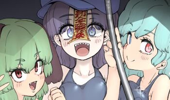 3girls :d alternate_costume blue_eyes blue_hair blush breasts closed_mouth commentary_request dog_girl fangs green_hair grey_background grey_one-piece_swimsuit hat heterochromia highres jiangshi kasodani_kyouko looking_at_viewer medium_breasts miyako_yoshika multiple_girls newsboy_cap one-piece_swimsuit open_mouth purple_hair red_eyes sharp_teeth shika_miso short_hair smile swimsuit tatara_kogasa teeth touhou upper_body
