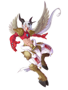 1boy abs aegiochusmon armor body_fur brown_fur commentary_request digimon digimon_(creature) digimon_story:_time_stranger feathered_wings full_body goat_horns goat_legs grey_hair half_mask highres horns long_hair male_focus mask muscular muscular_male official_art red_armor red_mask sasaki_shin simple_background white_background wings yellow_eyes