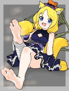 1girl animal_ears bandages barefoot blonde_hair blue_eyes feet highres light_blush looking_at_viewer medium_hair nairo open_mouth soles tail toes