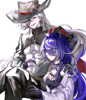 1boy 1girl absurdres acheron_(honkai:_star_rail) ahoge black_choker black_gloves blue_hair boothill_(honkai:_star_rail) breasts carrying carrying_person chinese_commentary choker cleavage closed_mouth couple cowboy_hat duobaoyu82658 fake_claws gloves grey_eyes grey_hair hair_over_one_eye hand_on_another&#039;s_shoulder happy hat head_tilt hetero highres honkai:_star_rail honkai_(series) humanoid_robot japanese_clothes large_breasts long_hair long_sleeves looking_to_the_side multicolored_hair open_mouth pants partially_unzipped purple_eyes robot shaded_face sharp_teeth streaked_hair teeth upper_body wide_sleeves