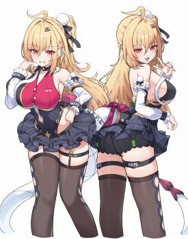 1girl absurdres ahoge bare_shoulders black_shorts black_skirt blonde_hair breasts brown_thighhighs chalky_(zenless_zone_zero) chideno cissia_(zenless_zone_zero) commentary_request cropped_legs detached_sleeves fingernails grin hair_between_eyes hair_ornament highres large_breasts long_hair looking_at_viewer looking_back metal_wrist_cuffs miniskirt multiple_views open_mouth paid_reward_available partial_commentary pink_nails pom_pom_(clothes) pom_pom_hair_ornament red_eyes shorts simple_background skirt smile snake snake_girl snake_tail tail thighhighs underboob v white_background white_snake zenless_zone_zero