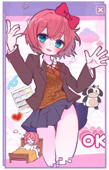 1girl :d absurdres bed blazer blue_eyes blue_skirt blush blush_stickers border bow bowtie breasts brown_jacket brown_sweater_vest calendar_(object) chibi chibi_inset clothes_lift cloud collared_shirt commentary contrapposto doki_doki_literature_club doki_doki_literature_club_school_uniform dress_shirt fake_screenshot gigaokakiman glitch groin hair_between_eyes hair_bow hands_up head_tilt heart highres jacket long_sleeves looking_at_viewer miniskirt neck_ribbon no_panties open_clothes open_jacket open_mouth pajamas parted_lips pink_background pink_hair pleated_skirt purple_background red_bow red_bowtie red_ribbon ribbon sayori_(doki_doki_literature_club) school_uniform shirt short_hair sitting skirt skirt_lift small_breasts smile solo spread_fingers squeans squiggle standing stuffed_animal stuffed_cow stuffed_toy sweater_vest thigh_gap transparent_border under_covers user_interface w_arms waking_up white_background white_pajamas white_shirt wind wind_lift window_(computing)