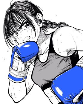 Rule 34 | 1girl, blue gloves, boxing, boxing gloves, braid, braided ponytail, breasts, commentary request, dutch angle, gloves, greyscale, hatching (texture), highres, lee (dragon garou), linea alba, midriff, monochrome, mouth guard, original, serious, single braid, small breasts, solo, sports bra, spot color, sweat, upper body, very sweaty