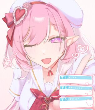 1girl ;o beret breasts diamond-shaped_pupils diamond_(shape) dress elf elysia_(hi_love_elf)_(honkai_impact) elysia_(honkai_impact) hashtag-only_commentary hat heart highres honkai_(series) honkai_impact_3rd large_breasts long_hair looking_at_viewer nmr_ox one_eye_closed open_mouth pink_hair pointy_ears purple_eyes simple_background solo symbol-shaped_pupils upper_body very_long_hair white_background white_dress