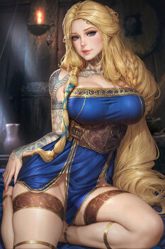 1girl anklet arm_tattoo blonde_hair blue_dress blue_eyes breasts dress freckles god_of_war_ragnarok gold_anklet gold_thighlet gold_trim hair_tubes highres jewelry large_breasts lips long_hair looking_at_viewer mature_female neck_tattoo neoartcore sif_(god_of_war) sitting solo tattoo thighlet very_long_hair