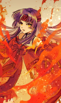 Rule 34 | 1girl, bare shoulders, bow, cape, commentary request, dress, fire, fire emblem, fire emblem: radiant dawn, headband, long hair, looking at viewer, nintendo, open mouth, purple hair, pyrokinesis, red bow, red cape, red headband, sanaki kirsch altina, sidelocks, simple background, smile, solo, sumeragi (black rose), very long hair, yellow eyes