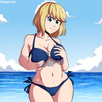1girl artist_name bikini blonde_hair blue_bikini blue_sky breasts closed_mouth collarbone covered_erect_nipples cowboy_shot day eyelashes female_focus grabbing_own_breast green_eyes koi_wa_sekai_seifuku_no_ato_de konan_exe looking_at_viewer magahara_desumi medium_hair navel ocean outdoors side-tie_bikini_bottom sky smile solo standing swimsuit water