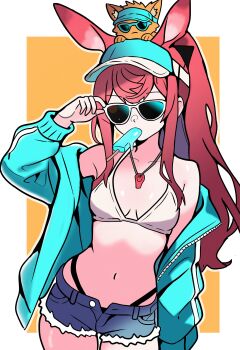 1girl absurdres adjusting_eyewear animal_ears arknights bikini black_bikini blue_jacket border breasts cowboy_shot creature creature_on_head food food_in_mouth highres jacket long_hair long_sleeves lucia_(luciatehe) melting_popsicle micro_shorts navel off_shoulder open_fly outline outside_border pink_hair popsicle popsicle_in_mouth purple_shorts ray_(arknights) shorts small_breasts solo standing sunglasses swimsuit visor_cap white_bikini white_border white_outline
