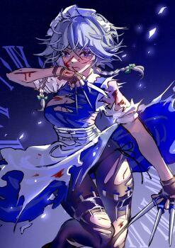 1girl apron between_fingers black_gloves bleeding blood blood_on_face blue_dress bow braid breasts brown_pantyhose cleavage commentary cuts dress fingerless_gloves gloves green_bow grey_hair hair_bow highres holding holding_knife injury izayoi_sakuya knife knives_between_fingers long_hair maid maid_headdress pantyhose roman_numeral shouxishao_jiuyuan solo torn_apron torn_clothes torn_dress torn_pantyhose touhou twin_braids waist_apron white_apron