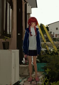 1girl absurdres black_skirt blue_jacket building bush cellphone closed_mouth flip_phone highres holding holding_phone jacket k1llg long_sleeves low_twintails open_clothes open_jacket original outdoors phone pink_sandals pleated_skirt red_hair sandals shirt skirt solo standing track_jacket twintails white_shirt