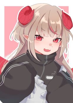 1girl :3 alternate_costume apron black_jacket blunt_bangs blush border commentary_request curled_horns demon_horns fang frilled_apron frills grey_hair hair_down hands_up high_collar highres horns jacket jersey_maid long_hair long_sleeves looking_at_viewer maid makaino_ririmu mamemoyasi532 multicolored_hair nijisanji open_mouth outline outside_border pink_background pointy_ears red_eyes red_horns red_streaks red_wings sidelocks simple_background skin_fang sleeves_past_fingers sleeves_past_wrists solo straight_hair streaked_hair track_jacket twitter_username unconventional_maid upper_body v-shaped_eyebrows virtual_youtuber white_border white_outline wings