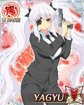 Rule 34 | 1girl, arms up, black jacket, black necktie, black pants, black suit, border, breasts, card (medium), character name, closed mouth, eyepatch, finger on trigger, formal clothes, game cg, gun, handgun, holding, holding gun, holding weapon, jacket, large breasts, long hair, necktie, official art, pants, red eyes, senran kagura, senran kagura new wave, shirt, shuriken hair ornament, solo, suit, suit jacket, third-party source, twintails, very long hair, weapon, white hair, white shirt, yagyu (senran kagura)