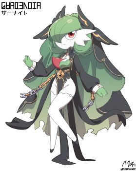 1girl absurdres artist_name bilingual_text black_dress black_shoes black_veil bob_cut breasts broken broken_chain chain character_name closed_mouth clothed_pokemon colored_skin cosplay dress female_focus floating full_body gardevoir gen_3_pokemon gold_trim green_hair green_skin green_veil groin hair_over_one_eye hand_up happy highres japanese_text joanne_(trickcal) joanne_(trickcal)_(cosplay) knees_together_feet_apart long_dress long_sleeves looking_at_viewer majinmallow mixed-language_text multicolored_skin nape_braid nintendo no_feet no_panties one_eye_covered pelvic_curtain pokemon pokemon_(creature) red_eyes shoes short_hair signature simple_background small_breasts smile solo split_mouth thighhighs torn_clothes torn_veil trickcal two-sided_veil two-tone_skin typo veil white_background white_skin white_thighhighs