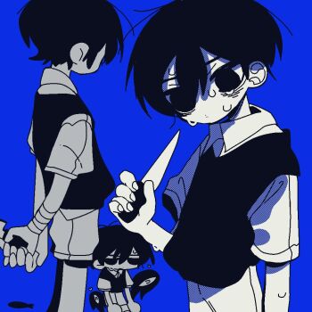 1boy antenna_hair bandaged_arm bandages blue_background chibi closed_mouth collared_shirt double-parted_bangs fingernails greyscale_with_colored_background hair_between_eyes heart holding holding_knife knife kobanzame_omo male_focus omori shirt short_hair short_sleeves shorts simple_background solo something_(omori) sunny_(omori) sweat sweater_vest