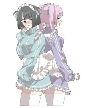 2girls alternate_costume anyoji_hime apron back-to-back black_hair blue_eyes blue_jacket blue_skirt blunt_bangs blunt_ends blush breasts embarrassed frilled_apron frilled_skirt frills green_eyes jacket jersey_maid link!_like!_love_live! long_hair long_sleeves love_live! maid maid_headdress medium_breasts miniskirt momose_ginko multiple_girls nose_blush open_mouth purple_jacket purple_skirt s_(y7555128265305) short_hair simple_background skirt sleeves_past_wrists thighhighs track_jacket twintails two_side_up unconventional_maid v-shaped_eyebrows virtual_youtuber waist_apron white_apron white_background white_thighhighs zettai_ryouiki