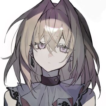 1girl artist_request bang_dream! bang_dream!_it's_mygo!!!!! blonde_hair chinese_commentary closed_mouth commentary_request commission doloris_(bang_dream!) earrings expressionless hair_between_eyes hair_intakes highres jewelry looking_at_viewer medium_hair misumi_uika purple_eyes second-party_source simple_background solo upper_body white_background