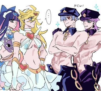 abs blonde_hair blue_bow blue_eyes blue_hair bow breasts brooch brothers chain colored_inner_hair commentary_request cousins cuffs detached_collar earrings gloves gold_chain hair_bow hair_ornament hand_on_another's_shoulder handcuffs hat heart heart_brooch heart_hair_ornament highres honekoneko_(psg) jewelry long_hair looking_at_another midriff multicolored_hair navel open_fly panty_&amp;_stocking_with_garterbelt panty_(psg) pink_hair police_hat polyester_(psg) polyurethane_(psg) purple_hair red_eyes revealing_clothes siblings simple_background sisters skirt smile stocking_(psg) stuffed_animal stuffed_cat stuffed_toy toned toned_male topless_male triangle_earrings underboob white_background yaya_dechi