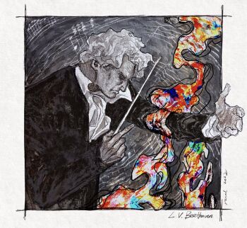 Rule 34 | black jacket, bow (music), burning, closed eyes, collared shirt, commentary, english commentary, fire, highres, holding, holding bow (music), jacket, ludwig van beethoven, musical note, musical staff, outside border, outstretched arm, real life, revol4357, self-harm, serious, shirt, short hair, torn clothes, torn jacket, upper body, white hair, white shirt, wrist cutting