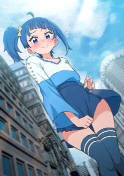 1girl absurdres ahoge alternate_size asymmetrical_bangs blue_eyes blue_hair blue_shirt blue_skirt blue_sky blue_thighhighs blurry blush bow building button_up_skirt city cityscape closed_mouth cloud cloudy_sky collarbone commentary cowboy_shot cut_bangs day depth_of_field diagonal_bangs dutch_angle embarrassed fingernails flying_sweatdrops from_below giant giantess hair_bow hair_ornament hakuino_hakase highres hirogaru_sky!_precure knees_together_feet_apart long_hair long_sidelocks long_sleeves looking_at_viewer looking_down multicolored_shirt outdoors pleated_skirt ponytail precure shirt side_ponytail sidelocks single_sidelock skirt skirt_tug sky solo sora_harewataru striped_clothes striped_thighhighs thighhighs thighs two-tone_shirt v-neck wavy_mouth white_shirt wide_sleeves yellow_bow zettai_ryouiki