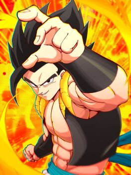 1boy abs black_eyes black_hair black_vest clenched_hand cropped_vest dragon_ball dragon_ball_super dragon_ball_super_broly fighting_stance gogeta highres looking_at_viewer male_focus medium_hair metamoran_vest muscular muscular_male orange_background parted_lips shin_(mrgt2288) smirk solo spiked_hair upper_body vest