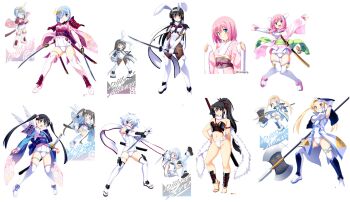 6+girls armor ayanokouji_aoi black_hair blonde_hair breasts djibril_(makai_tenshi_djibril) djibril_althea djibril_aries djibril_spica djibril_yunos djibril_zero hammer highres hoshikawa_yuzuha japanese_armor japanese_clothes jinno_hikari jinno_nagi katana kimono kuuchuu_yousai long_hair makai_tenshi_djibril manabe_rika medium_breasts multiple_girls murakami_yoshikiyo_(djibril) pink_hair pop samurai saotome_momo sengoku_tenshi_djibril short_hair smile sword weapon