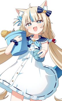 Rule 34 | 1girl, :d, ahoge, animal ear fluff, animal ears, blonde hair, blue bow, blue eyes, blue nails, blue sailor collar, blue streaks, blush, bow, bucket, buttons, cat ears, collarbone, commentary request, commission, cowboy shot, dot nose, dress, fang, fins, fish girl, fish tail, frilled sailor collar, frills, hair bow, haru (konomi 150), highres, holding, holding bucket, holding seashell, indie virtual youtuber, long hair, looking at viewer, low twintails, multicolored hair, nail polish, open mouth, pixiv commission, sailor collar, sameko saba, skin fang, sleeveless, sleeveless dress, smile, solo, streaked hair, tail, twintails, v-shaped eyebrows, very long hair, virtual youtuber, white dress