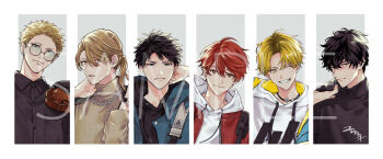 6+boys black_eyes black_hair black_shirt blonde_hair blue_eyes blue_jacket collared_shirt column_lineup commentary_request given glasses hand_on_own_neck hood hood_down hoodie instrument jacket jewelry kaji_akihiko kashima_hiiragi_(given) kizu_natsuki looking_at_viewer male_focus multiple_boys nakayama_haruki necklace red_eyes red_hair sample_watermark satou_mafuyu shirt short_hair smile turtleneck uenoyama_ritsuka upper_body violin watermark white_hoodie yagi_shizusumi_(given) yellow_eyes