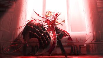 1girl axe black_pants blood bone brown_hair coat e.g.o_(project_moon) floating_hair frilled_coat frills full_body high_heels highres holding holding_axe indoors issun_boushi_(taku37taku) limbus_company long_hair looking_at_viewer pants project_moon red_coat red_eyes red_shoes rodion_(project_moon) sanguine_desire_(e.g.o) shoes solo very_long_hair