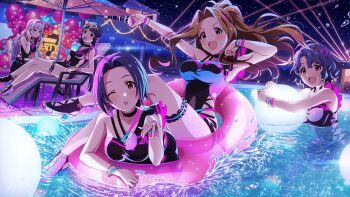 5girls ;o adjusting_hair ahoge anime_coloring antenna_hair asymmetrical_one-piece_swimsuit ball balloon bendy_straw black_choker black_hairband black_one-piece_swimsuit black_shoes blowing_kiss blue_hair blunt_bangs blunt_ends breasts brown_eyes brown_hair casual_one-piece_swimsuit chair choker cleavage closed_mouth collarbone cross-laced_clothes cross-laced_one-piece_swimsuit cup curtained_hair dot_nose drink drinking_glass drinking_straw drinking_straw_in_mouth earrings eyewear_on_head floating_hair frilled_thigh_strap frills game_cg green_eyes grey_hair hair_ornament hairband heart heart-shaped_eyewear heart_earrings heart_hair_ornament high_heels high_ponytail holding holding_cup holding_drink idolmaster idolmaster_million_live! idolmaster_million_live!_theater_days innertube jewelry kitakami_reika large_breasts long_hair lounge_chair low_twintails miura_azusa multiple_girls nail_polish night nikaido_chizuru official_art on_innertube one-piece_swimsuit one_eye_closed open_mouth parasol partially_submerged party pink_hairband ponytail pool poolside reclining red_eyes shijou_takane shoes short_hair sky smile splashing star_(sky) starry_sky straight_hair sunglasses swim_ring swimming swimsuit thigh_strap third-party_source tile_floor tiles toyokawa_fuka tucking_hair twintails twintails_with_hair_base umbrella water water_drop wavy_hair wide_ponytail wristband