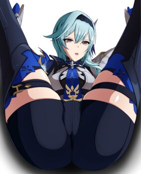 1girl ass blue_hair blue_necktie breasts crotch eula_(genshin_impact) genshin_impact hairband leotard looking_at_viewer lying makiri_akira necktie on_back open_mouth simple_background spread_legs sweatdrop thigh_strap thighhighs white_background