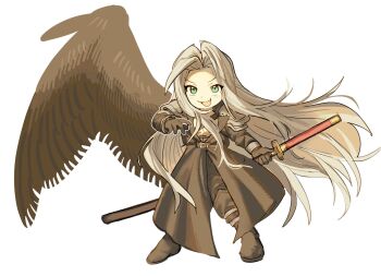 1boy armor black_coat black_gloves black_pants black_wings coat commentary_request feathered_wings final_fantasy final_fantasy_vii final_fantasy_vii_remake full_body gloves green_eyes grey_hair hattouissenbaka highres holding holding_sword holding_weapon long_hair looking_at_viewer male_focus open_mouth pants parted_bangs sephiroth sheath sheathed shoulder_armor single_wing solo standing sword weapon white_background wings