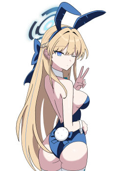 Rule 34 | 1girl, absurdres, animal ear hairband, animal ears, ass, blonde hair, blue archive, blue eyes, blue leotard, closed mouth, detached collar, fake animal ears, fake tail, from behind, hairband, halo, highres, leotard, looking at viewer, looking back, midang, one eye closed, playboy bunny, rabbit ear hairband, rabbit ears, rabbit tail, simple background, solo, tail, thighhighs, toki (blue archive), toki (bunny) (blue archive), v, white background, white thighhighs