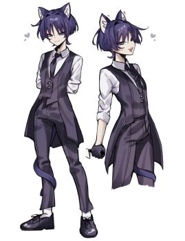 Rule 34 | 1boy, alternate costume, animal ear fluff, animal ears, arm at side, arms behind back, black gloves, black necktie, black pants, black shoes, black vest, blunt ends, cat boy, cat ears, cat tail, choppy bangs, coattails, collared shirt, contemporary, cropped legs, cross-laced shoes, dress pants, eyeliner, formal clothes, full body, genshin impact, gloves, hair intakes, half-closed eyes, half gloves, heart, highres, holding, holding knife, knife, long sleeves, looking at viewer, makeup, male focus, moo (moo 8986), multiple views, necktie, open mouth, pants, purple eyes, red eyeliner, ringed eyes, scaramouche (genshin impact), shirt, shoes, smirk, solo, standing, tail, tail around own leg, tailcoat, teeth, three-quarter sleeves, tsurime, undershirt, upper teeth only, vest, white background, white shirt, white sleeves, wing collar