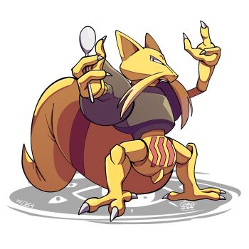 claws full_body gen_1_pokemon holding holding_spoon kadabra looking_at_viewer mistray-art nintendo no_humans pokemon pokemon_(creature) signature simple_background solo spoon white_background