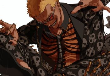1boy astersabu black_jacket black_nails black_necktie black_pants blonde_hair collared_shirt donquixote_doflamingo earrings evil_grin evil_smile grin halloween_costume highres jacket jewelry leg_hair male_focus multiple_rings necktie official_alternate_costume one_piece orange_shirt pants ring shirt short_hair sitting skull_print smile sunglasses white_background