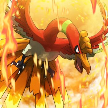 absurdres animal_focus beak bird commentary_request fire gen_2_pokemon highres ho-oh legendary_pokemon nintendo no_humans open_mouth pokemon pokemon_(creature) pokemon_focus red_eyes solo spicyichizo talons wings