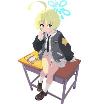 1girl absurdres_(user_unwe3823) ahoge animated animated_gif bag_of_chips black_necktie blue_archive blue_halo brown_shoes chips_(food) closed_eyes closed_mouth desk food full_body green_eyes green_hair halo highres jacket loafers long_sleeves looking_at_viewer necktie on_desk open_clothes open_jacket panties potato_chips ritsu_(blue_archive) school_desk shirt shoes short_hair simple_background sitting skirt smile socks solo underwear white_background white_panties white_shirt white_skirt white_socks