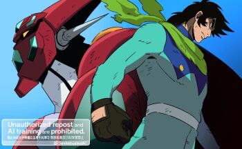 1boy armor belt black_hair blue_bodysuit bodysuit clenched_hand commentary_request from_side frown getter_1_(new_getter_robo) getter_robo gloves green_scarf male_focus mecha mecha_focus mecha_pilot_suit multicolored_bodysuit nagare_ryoma new_getter_robo profile qing_(sankakuosushi) red_armor robot scarf short_hair sideburns super_robot torn_clothes torn_scarf two-tone_bodysuit upper_body white_belt