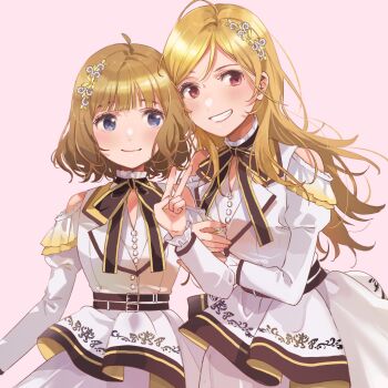 Rule 34 | 2girls, black ribbon, blonde hair, blue eyes, brown hair, closed mouth, dress, fly (marguerite), grin, hair ornament, hand up, highres, holding another's arm, idolmaster, idolmaster million live!, idolmaster million live! theater days, light blush, long hair, long sleeves, looking at viewer, momose rio, multiple girls, neck ribbon, pink background, pink eyes, ribbon, short hair, side-by-side, simple background, smile, suou momoko, upper body, v, white dress, you and i! (idolmaster)