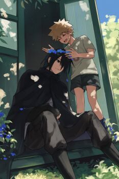 2boys absurdres black_cloak black_hair black_pants black_shorts blue_flower child cloak closed_eyes facial_mark feet_out_of_frame flower hair_over_one_eye haruiro_(hrm_ino) head_wreath highres male_focus multiple_boys naruto_(series) open_mouth pants shirt short_hair shorts sitting smile spiked_hair time_paradox uchiha_sasuke uzumaki_naruto whisker_markings white_shirt