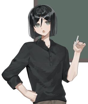 1boy black_hair black_shirt blunt_ends brown_pants chalk chalkboard clenched_hand collared_shirt fate/zero fate_(series) grey_eyes hair_between_eyes hand_on_own_hip hand_up head_tilt highres holding holding_chalk long_sleeves looking_at_viewer lower_teeth_only open_mouth pants shirt short_hair sleeves_rolled_up solo teeth tokoni_fusu upper_body waver_velvet