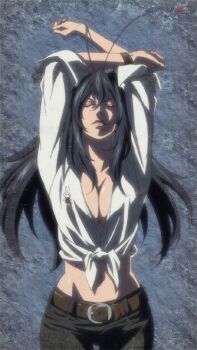 belt breasts cleavage hamutz_meseta large_breasts lips looking_at_viewer pants shirt smile tatakau_shisho tied_shirt