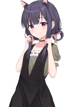 1girl animal_ear_fluff animal_ears black_dress black_hair blush closed_mouth collarbone commentary_request dress grey_shirt hair_rings hands_up highres holding holding_own_hair kiri_(princess_connect!) princess_connect! puffy_short_sleeves puffy_sleeves purple_eyes ribbon-trimmed_shirt ribbon_trim riya_(01214) shirt short_sleeves simple_background smile solo white_background