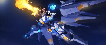 1girl :d absurdres ags_(last_origin) beeeeen breasts closed_eyes clothing_cutout commentary commentary_request commission dinosaur_girl fang fire flamethrower from_behind highres horns last_origin linea_alba long_hair mecha mecha_musume mechanical_arms mechanical_horns mechanical_wings night official_alternate_costume official_art open_mouth outdoors power_suit red_hair riding robot roc_(last_origin) sidelocks sky small_breasts smile star_(sky) starry_sky stomach_cutout tyrant_(last_origin) v-shaped_eyebrows weapon wings