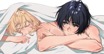1boy 1girl black_hair blonde_hair blush closed_eyes closed_mouth couple crossed_arms crossed_bangs dintoge eyelashes fingernails genshin_impact hair_behind_ear hair_between_eyes hair_intakes half-closed_eyes hashtag-only_commentary head_rest hetero highres looking_at_another lumine_(genshin_impact) lying muscular muscular_male on_stomach parted_lips pink_lips purple_eyes raised_eyebrows scar scar_on_shoulder scaramouche_(genshin_impact) shared_blanket shoulder_blush sleeping topless_male under_covers veins veiny_arms white_background white_mouth wispy_bangs