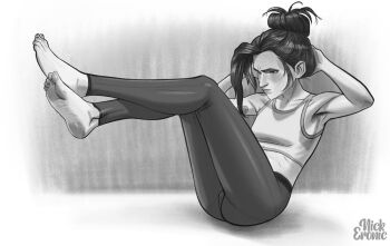 1girl arm_tattoo armpits arms_behind_head artist_name barefoot ckincker commentary english_commentary exercising feet full_body greyscale jinx_(league_of_legends) league_of_legends midriff monochrome pants sit-up solo sports_bra sweat sweat_stain tattoo yoga_pants